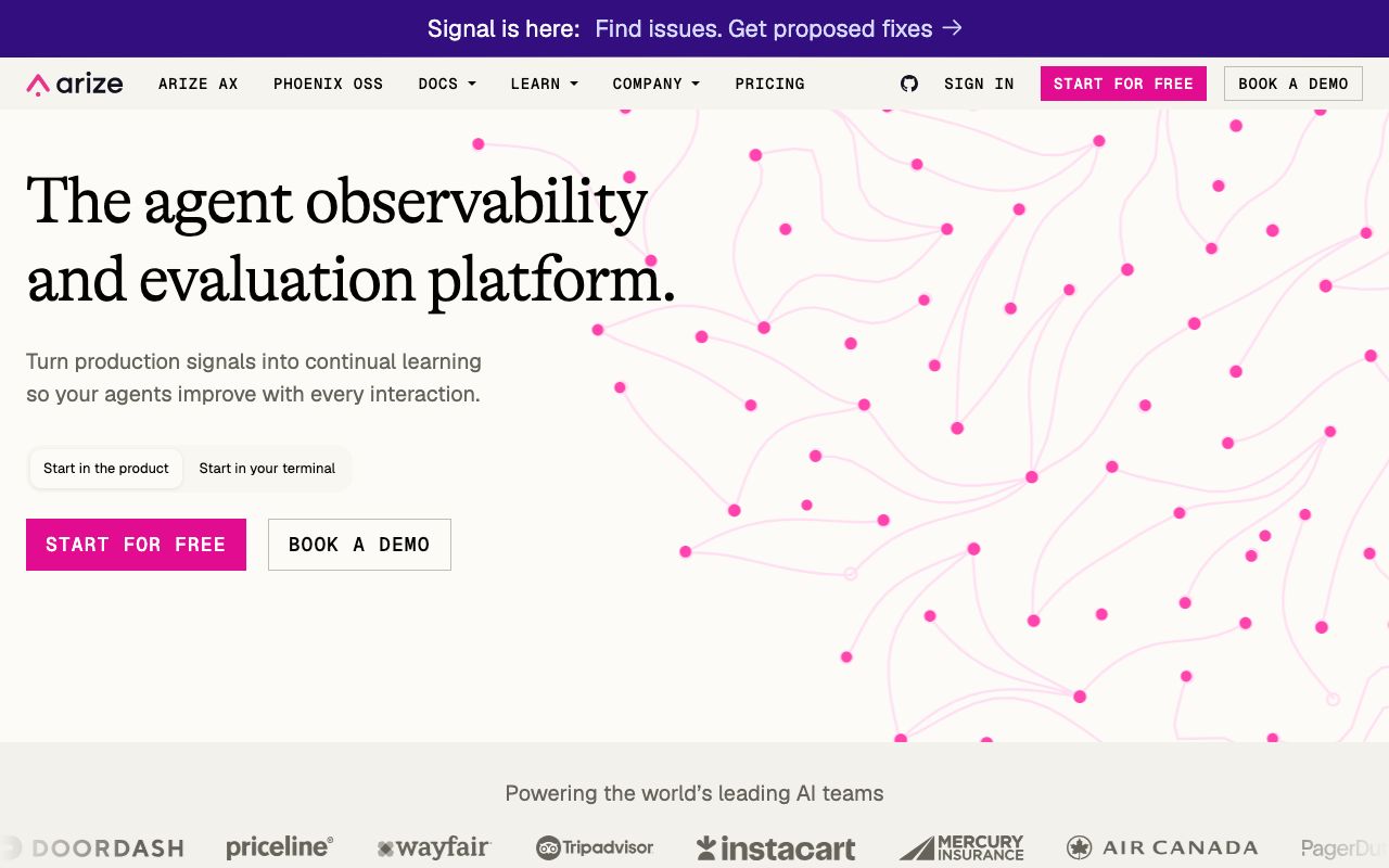 Arize AI homepage