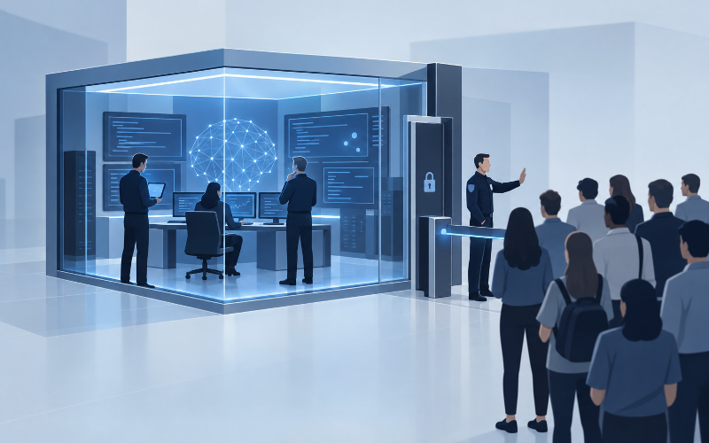 Editorial illustration of a small cybersecurity team inside a restricted AI workspace, with other users outside an access boundary.