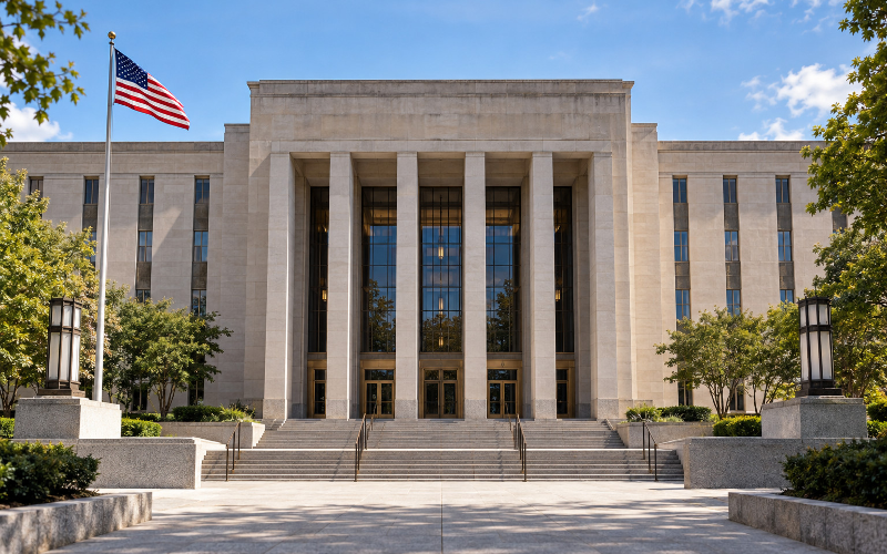 Exterior of the E. Barrett Prettyman United States Courthouse in Washington, DC.