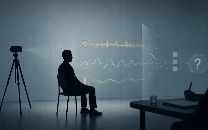 Editorial illustration of a person being observed by a remote sensor with abstract physiological signals and an AI analysis display.