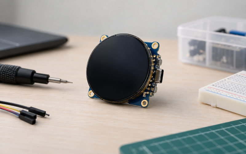 Provisional, pending photo selection: Waveshare round AMOLED touchscreen board featured among Muse gadget projects.