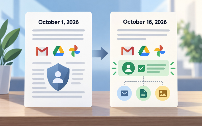 Comparison of Google's October 1 and October 16, 2026 privacy provisions, highlighting an advertising exception when users choose to share data with other Google services that support personalized ads.