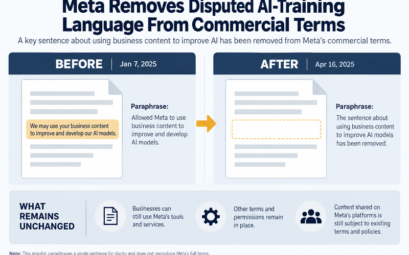 Meta Commercial Terms previews archived October 16 and 17, 2026: the explicit training sentence was removed, crawling authorization remained, and both listed an October 30 effective date.