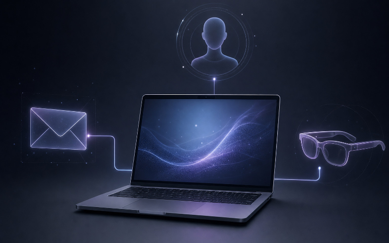 Editorial illustration of a laptop connected to email, an avatar and smart glasses, representing Meta Muse expanding across devices and communication channels.