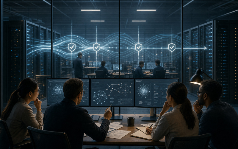 Illustration of an independent team reviewing AI safety systems inside a frontier-model research lab.