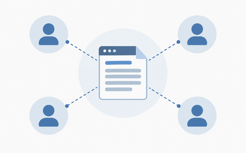 Editorial illustration of a website communicating an AI-training preference to four providers through dashed lines, rather than blocking access.