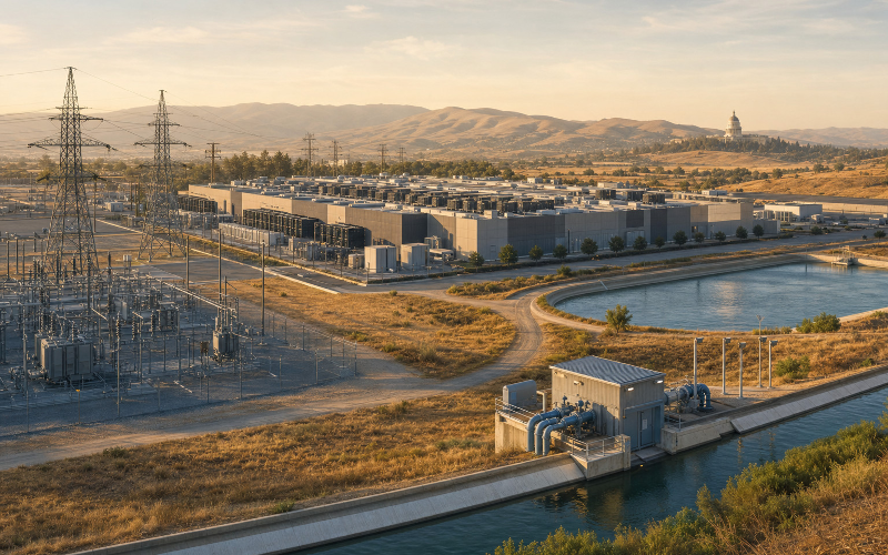 Editorial illustration of a California data center beside electrical transmission infrastructure and water systems in a dry landscape.