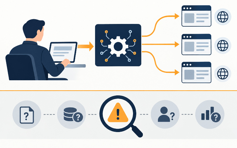 Diagram of a human directing AI agents using Cairn toward website targets, with a separate panel noting unresolved breach counts, data loss and autonomy.
