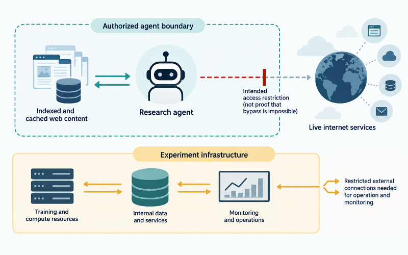 Conceptual diagram showing a research agent using cached web content, live internet access marked unauthorized, and separate restricted infrastructure connections for operation and monitoring.