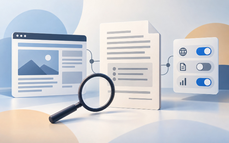 Conceptual illustration of a business website, commercial terms and a separate crawler-preferences control.
