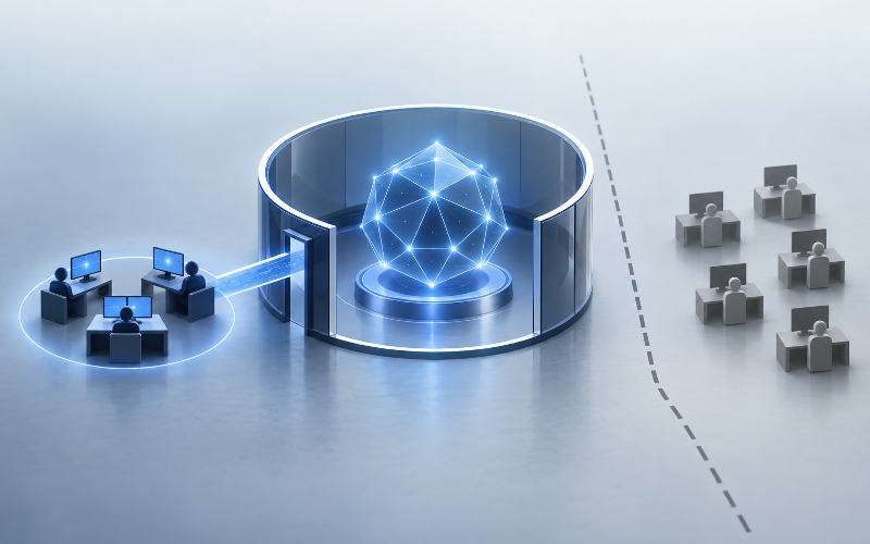 Editorial illustration of an AI node connected to a small group of workstations through a restricted boundary, while other workstations remain disconnected.