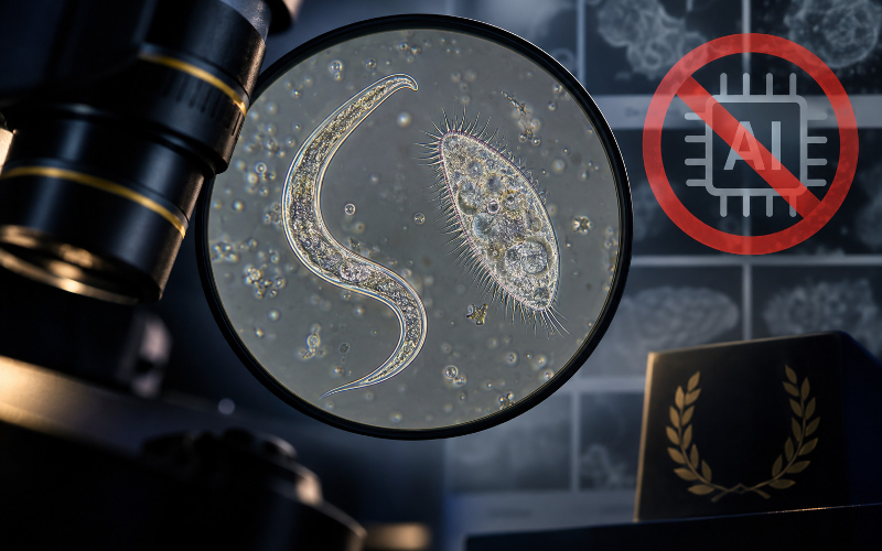 Roundworm and single-celled Dileptus in a still from Nguyen Nam Nhat’s microscopy video.