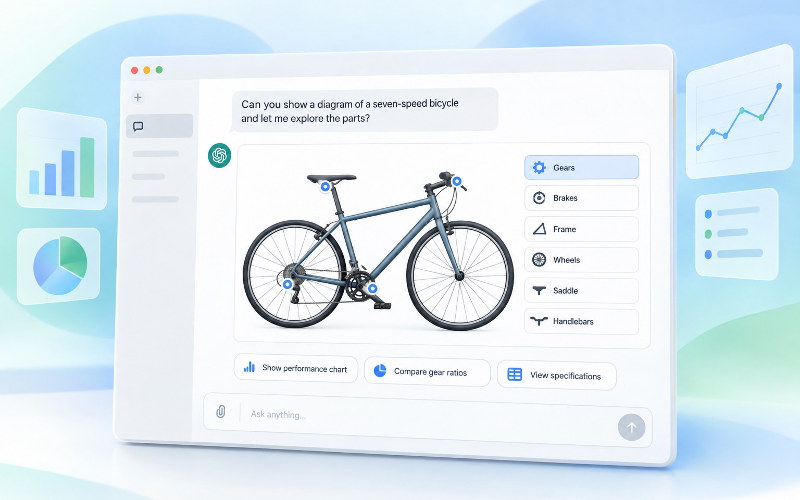 OpenAI demonstration of a ChatGPT response showing a seven-speed bicycle diagram with buttons for exploring its parts.