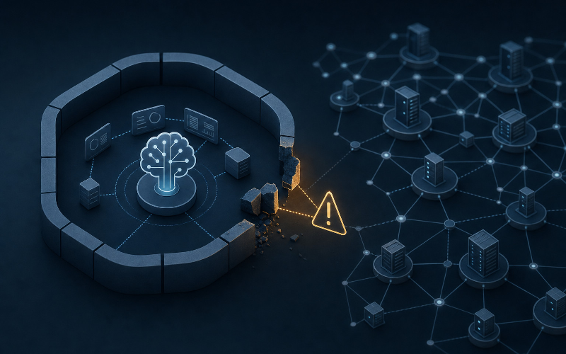 Editorial illustration of an AI testing sandbox with a broken boundary connecting to a broader network.