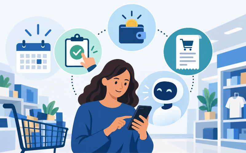 Diagram of Walmart’s planned November 2026 Agent Profiles: a shopper authorizes an agent with purchase approvals, spending limits and separate purchase records. Walmart may still request approval within a spending limit.