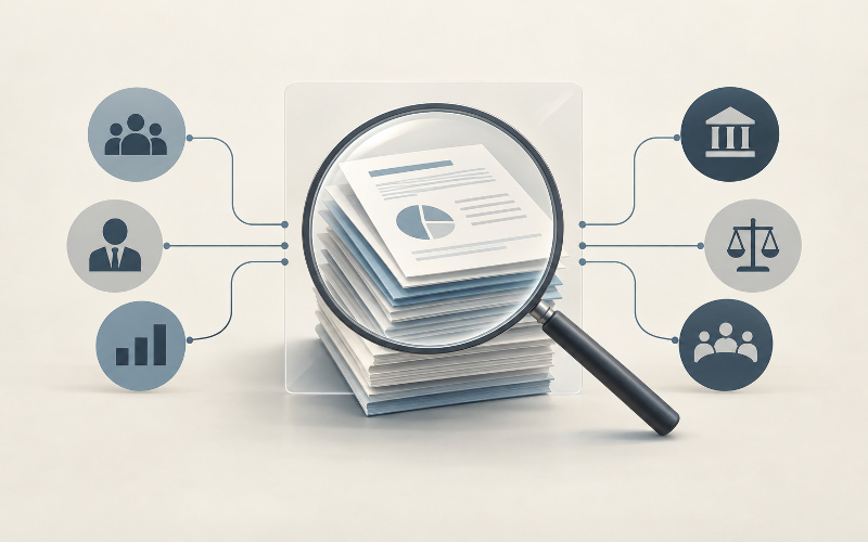 Editorial illustration of documents under an inspection frame, representing scrutiny of Anthropic’s finances and governance ahead of a proposed IPO.
