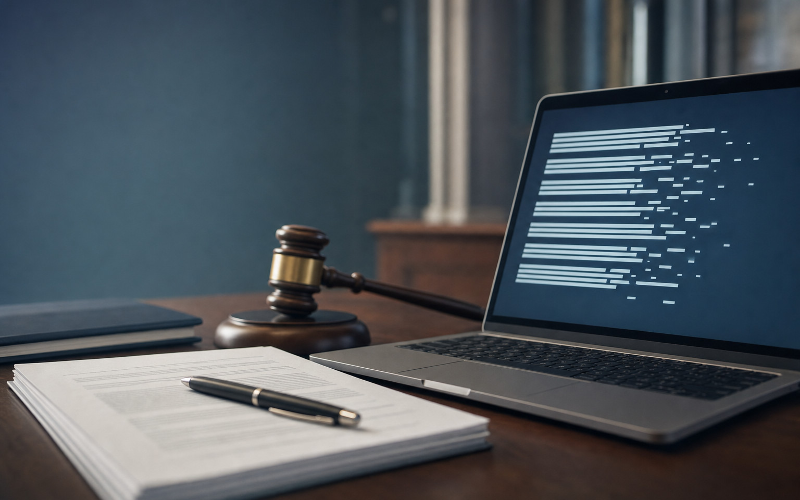 Editorial illustration showing an unbranded legal brief, gavel and laptop with abstract distorted text, representing the need to verify AI-assisted court filings.