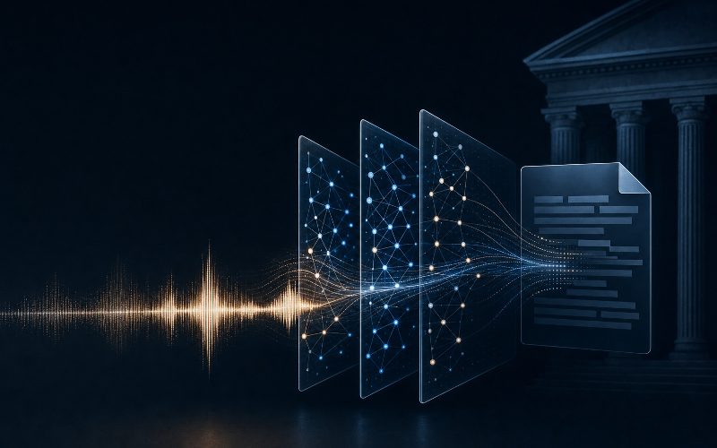 Editorial illustration of a music waveform passing through layered AI model diagrams toward a court filing, representing a copyright dispute over AI music model lineage.